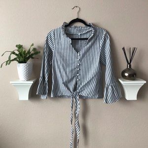 Striped Ruffle Button Top